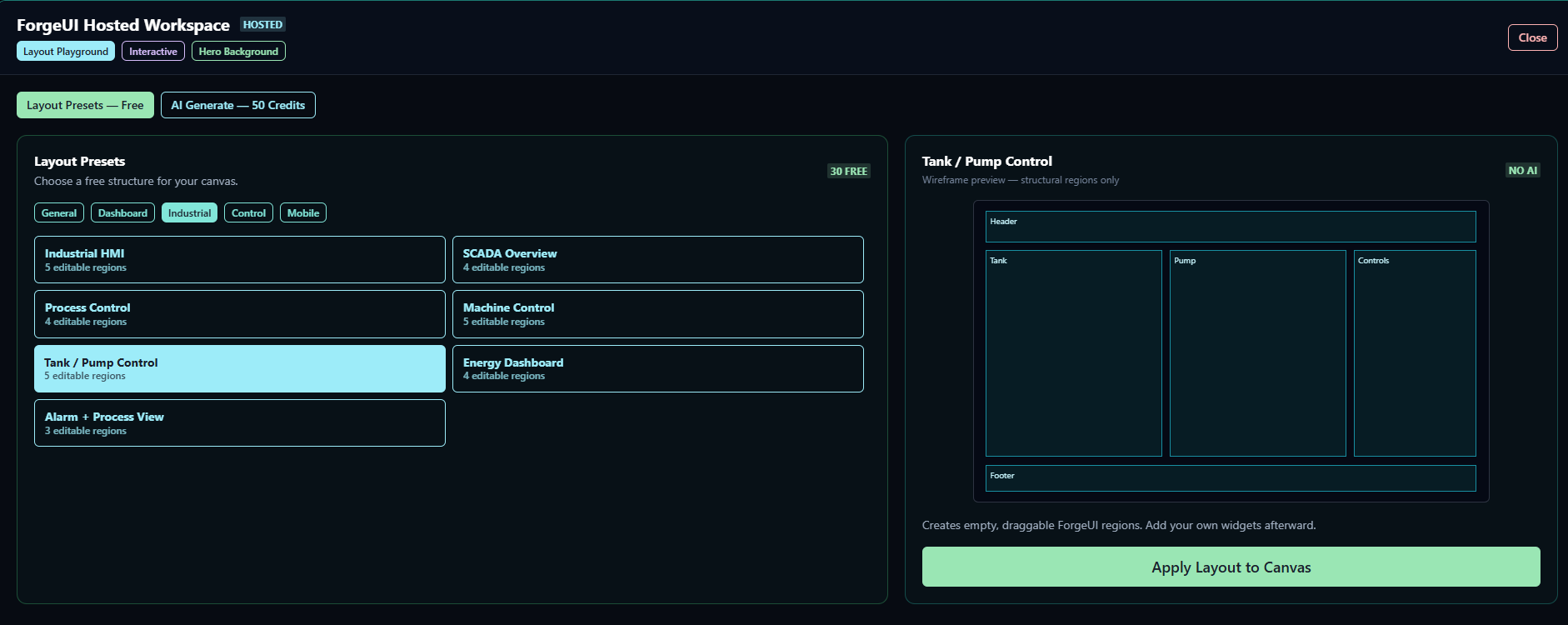 ForgeUI Hosted Studio free industrial layout presets and editable region preview